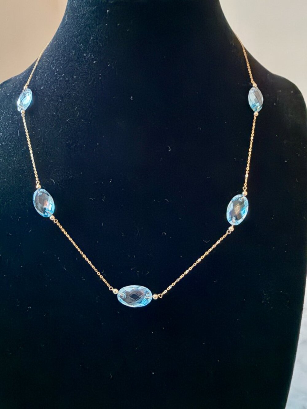 14K Gold Blue Topaz Station Necklace – 5 Oval Stones. 3.13grams –Hallmarked 585